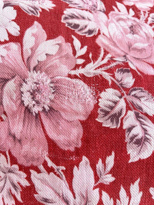 Antique French LARGE red pink FLORAL panel CURTAIN mended c1880