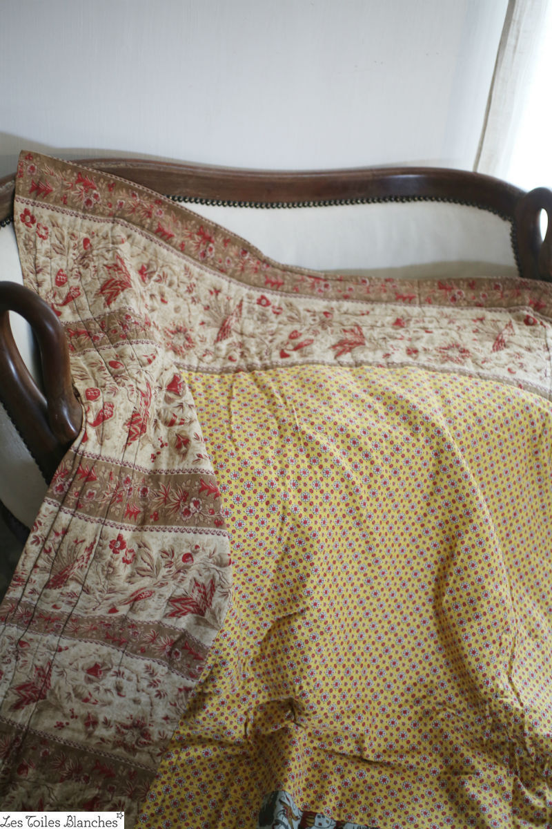 Antique WIDE French QUILT BOUTIS piqué PROVENCE indiennes patched c1880