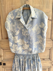 Vintage French woman BLUE SILK SET blouse PLEATED skirt c1950