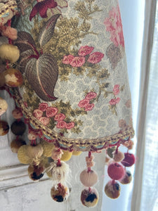 Antique French FLORAL cotton VALANCE mantel CHINOISERIE pompoms c1900