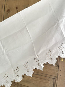 Antique French linen embroidered VALANCE MANTELPIECE FESTONS eyelet c1900