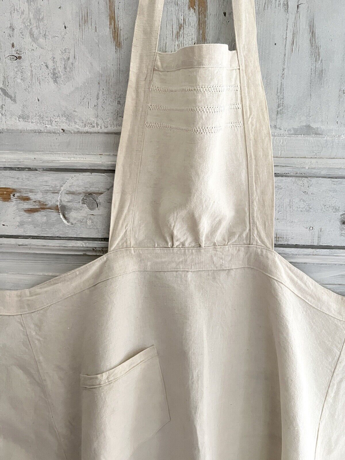 Antique French EMBROIDERED heavy linen cotton NATURAL WORK WEAR APRON c1920