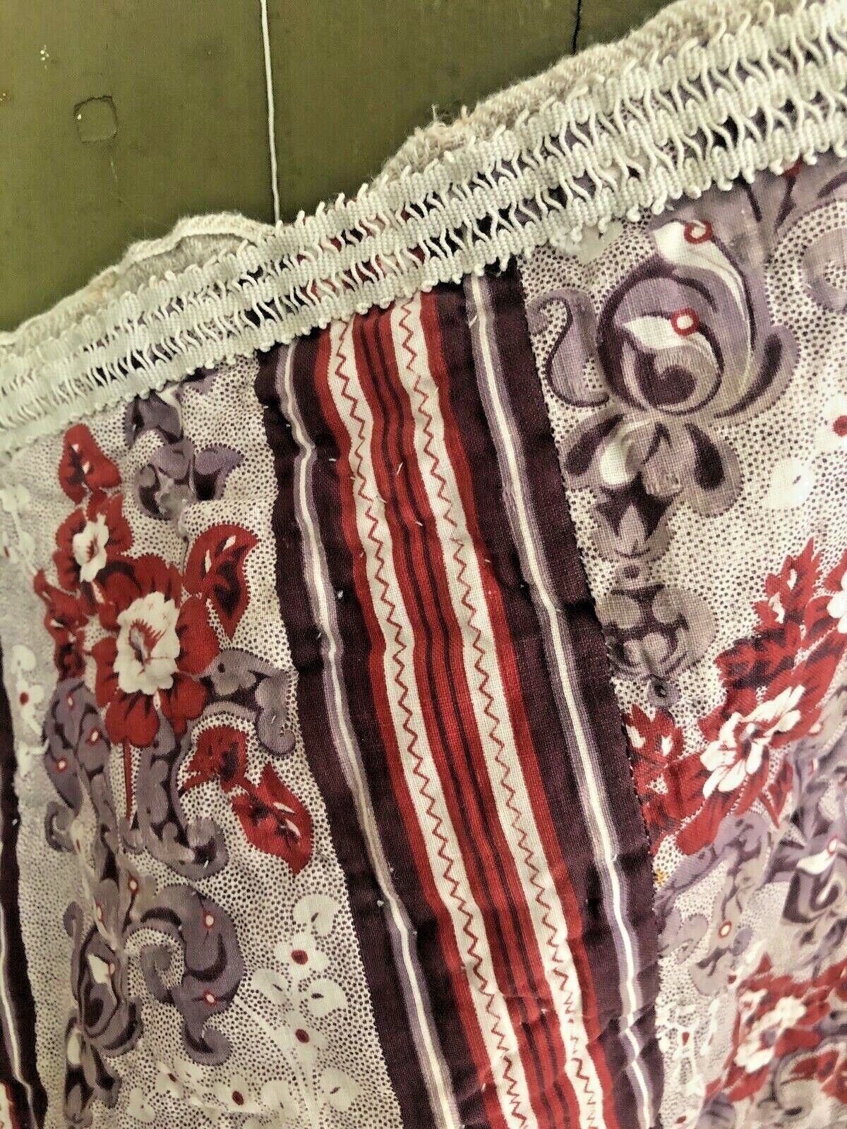 Antique French RED PURPLE FLORAL long VALANCE PELMET wool batting POMPOM c1820