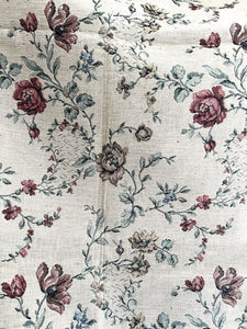 Vintage French HEAVY BOTANIC JACQUARD linen fabric ROSES panel UPHOLSTERY c1940