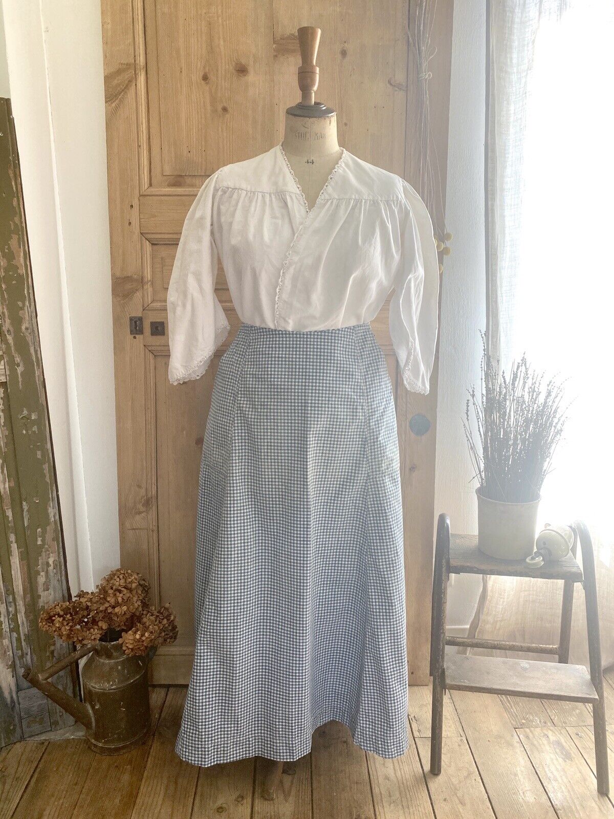 RARE antique French WORK WEAR FULL white blue VICHY COTTON APRON c1900