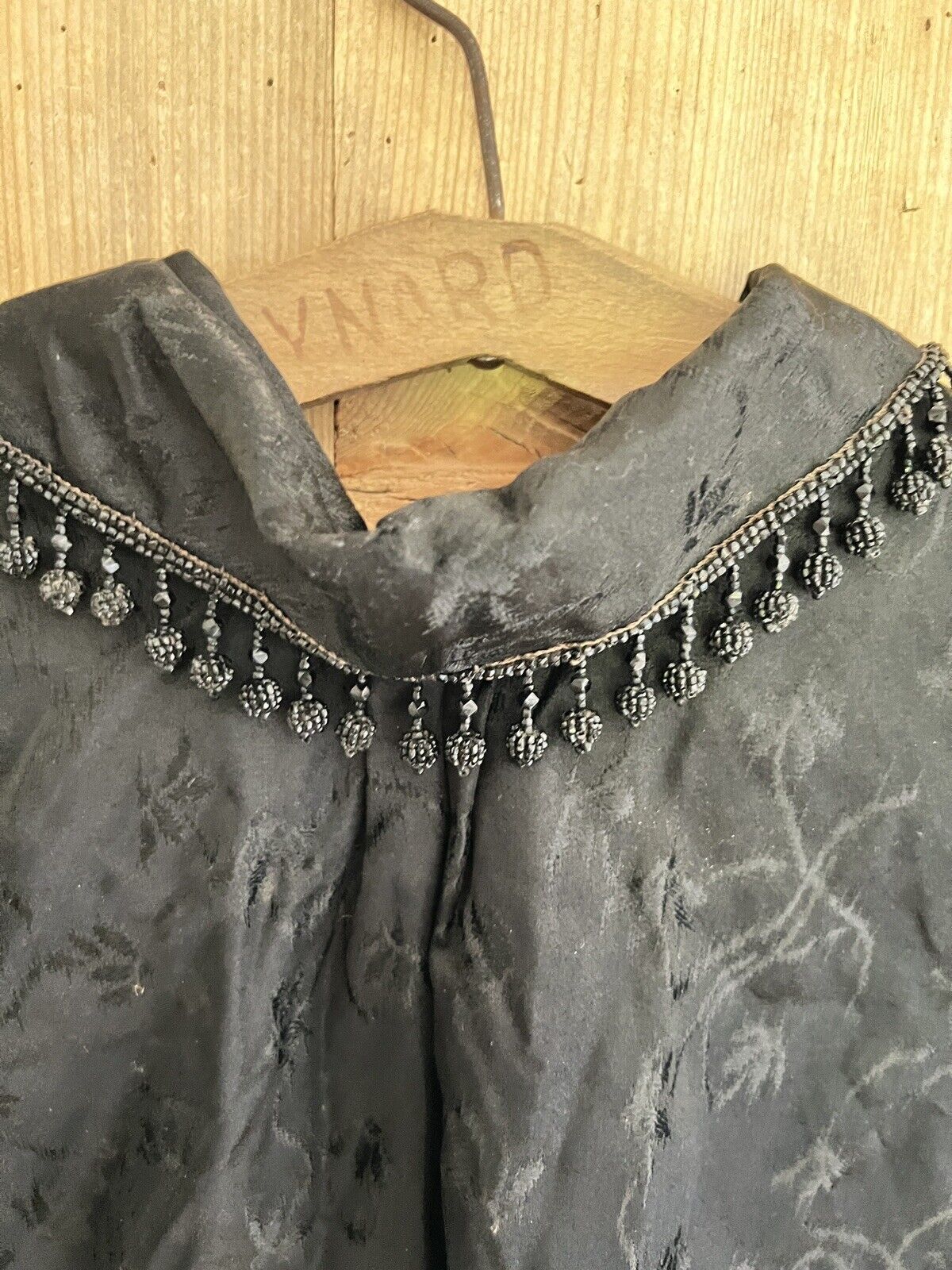 Antique French black DAMASK silk CAPE STOLE BEADED c1900