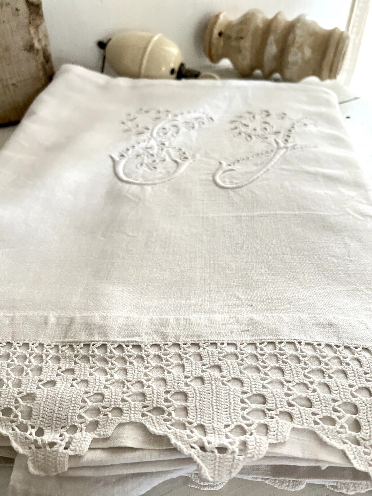 Antique French DOWRY heavy GREYISH LINEN sheet GJ mono EYELET LACE trim c1900