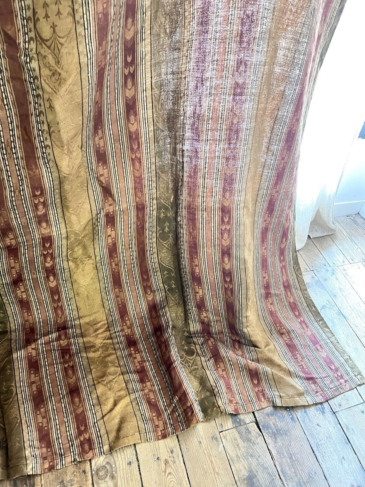 LARGE antique French DAMASK SILK Empire style striped FLEUR DE LYS curtain c1920