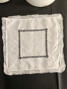 LOT 3 antique French LINEN tea napkins DOILY mats LACE OPENWORKS c1930