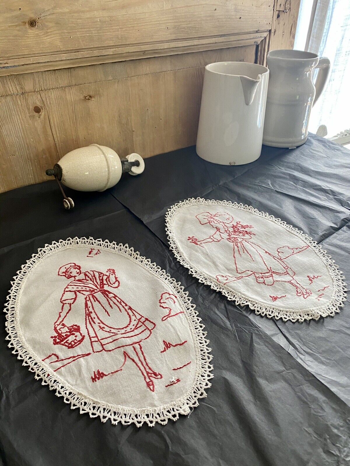 Pair vintage French DOILIES LINEN ALSATIAN napperon RED WORK c1930