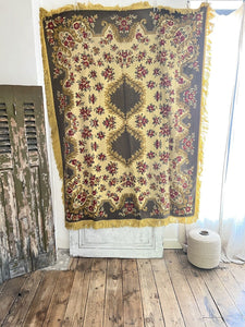 Vintage French FLORAL cotton PROVENCAL GOLD tablecloth wall hanging FRINGE c1950