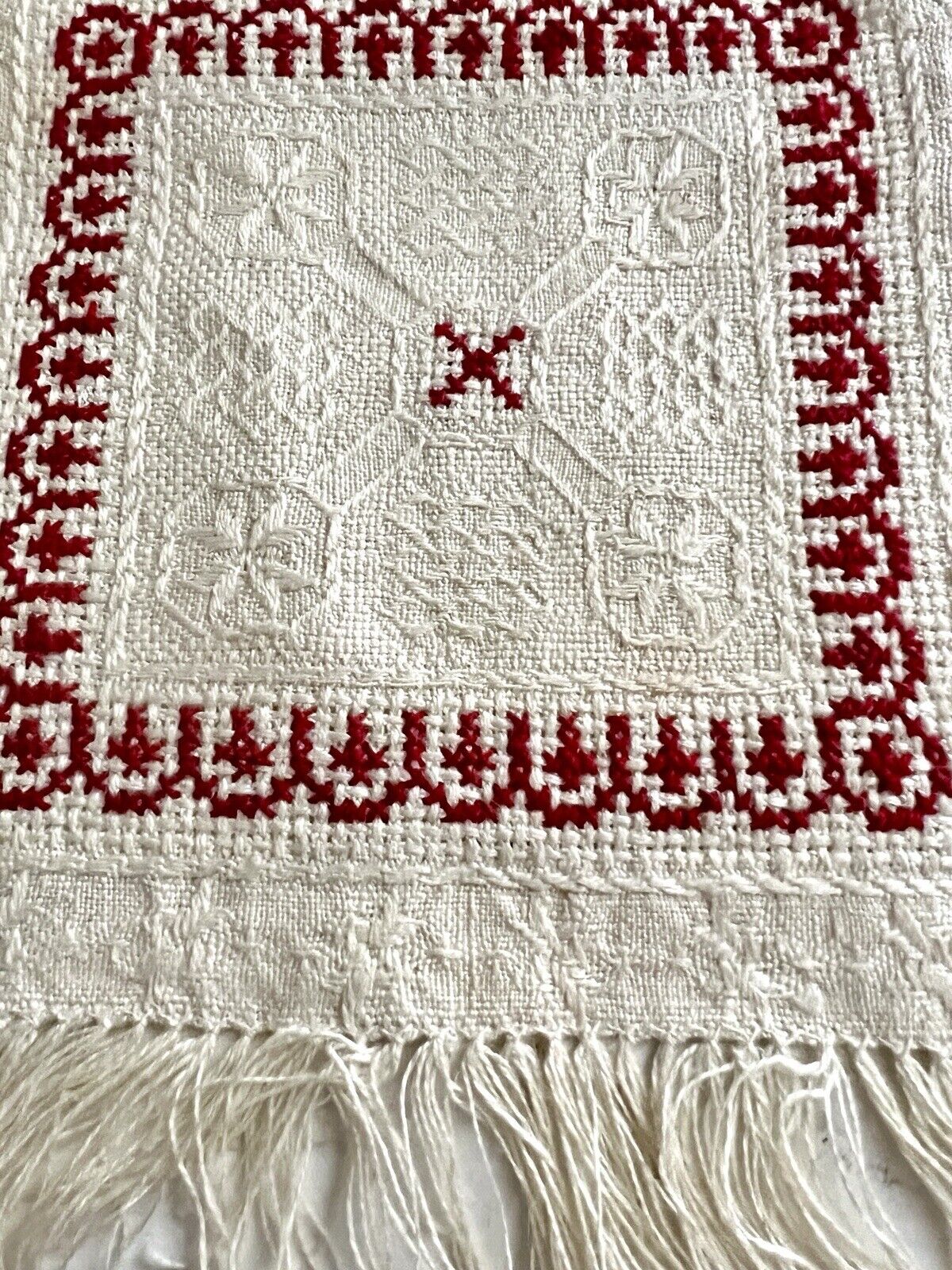 SET 5 French EMBROIDERED damask cotton DOILIES mat RED DECOR fringes c1930