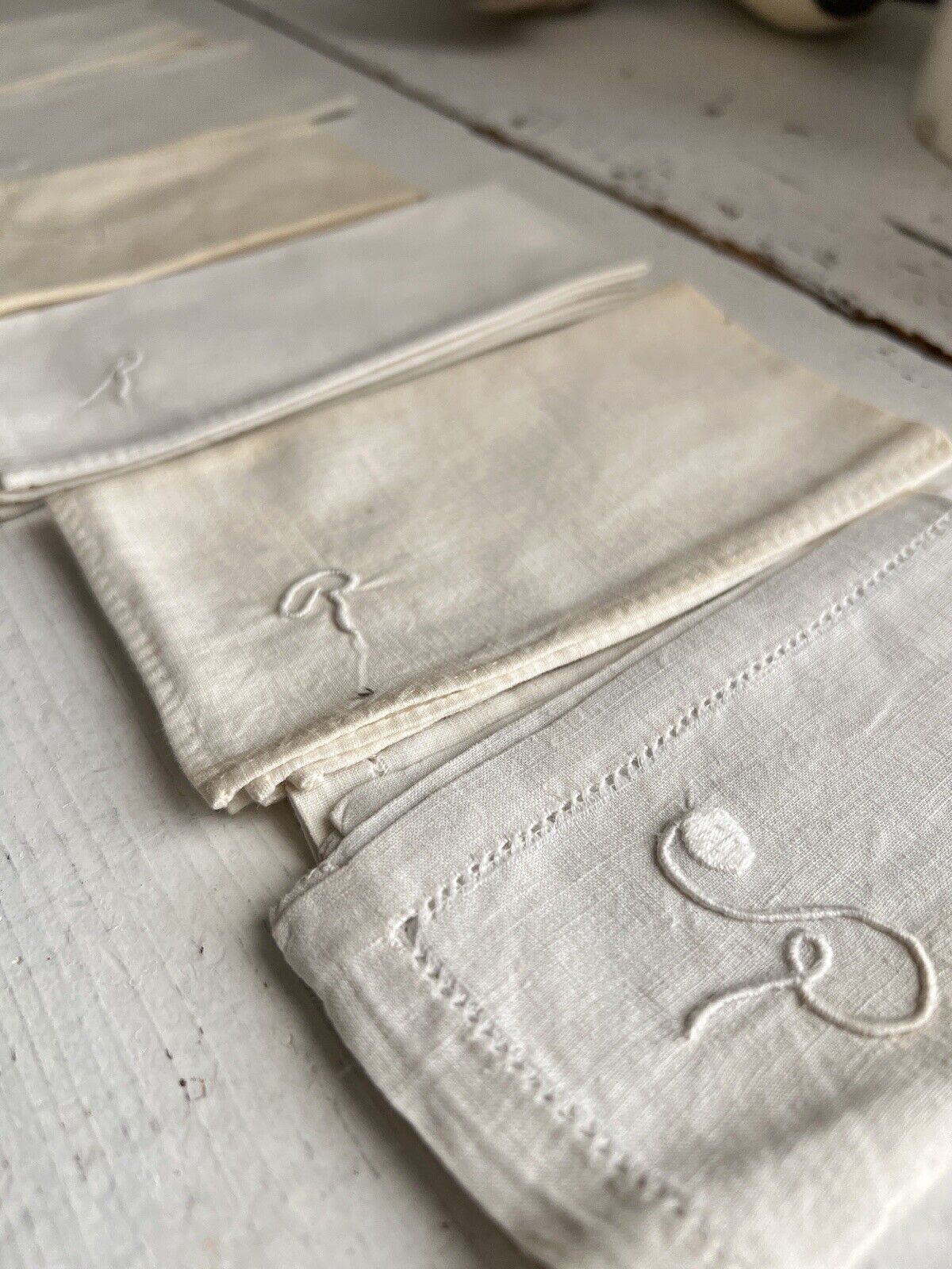 Set of 7 antique French LINEN COTTON blend HANDKERCHIEF R mono c1900