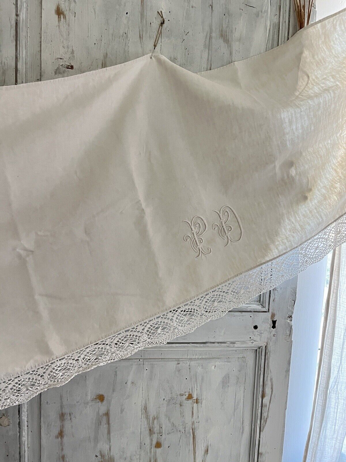 Antique French LONG MANTELPIECE COVER curtain embroidered LINEN lace trim c1900