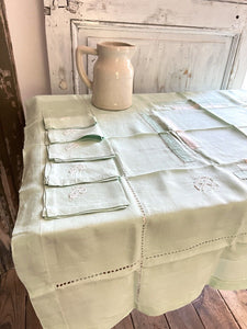 Art Deco SET French FIL OF LINEN TABLECLOTH 11 NAPKINS pale green GP m c1930