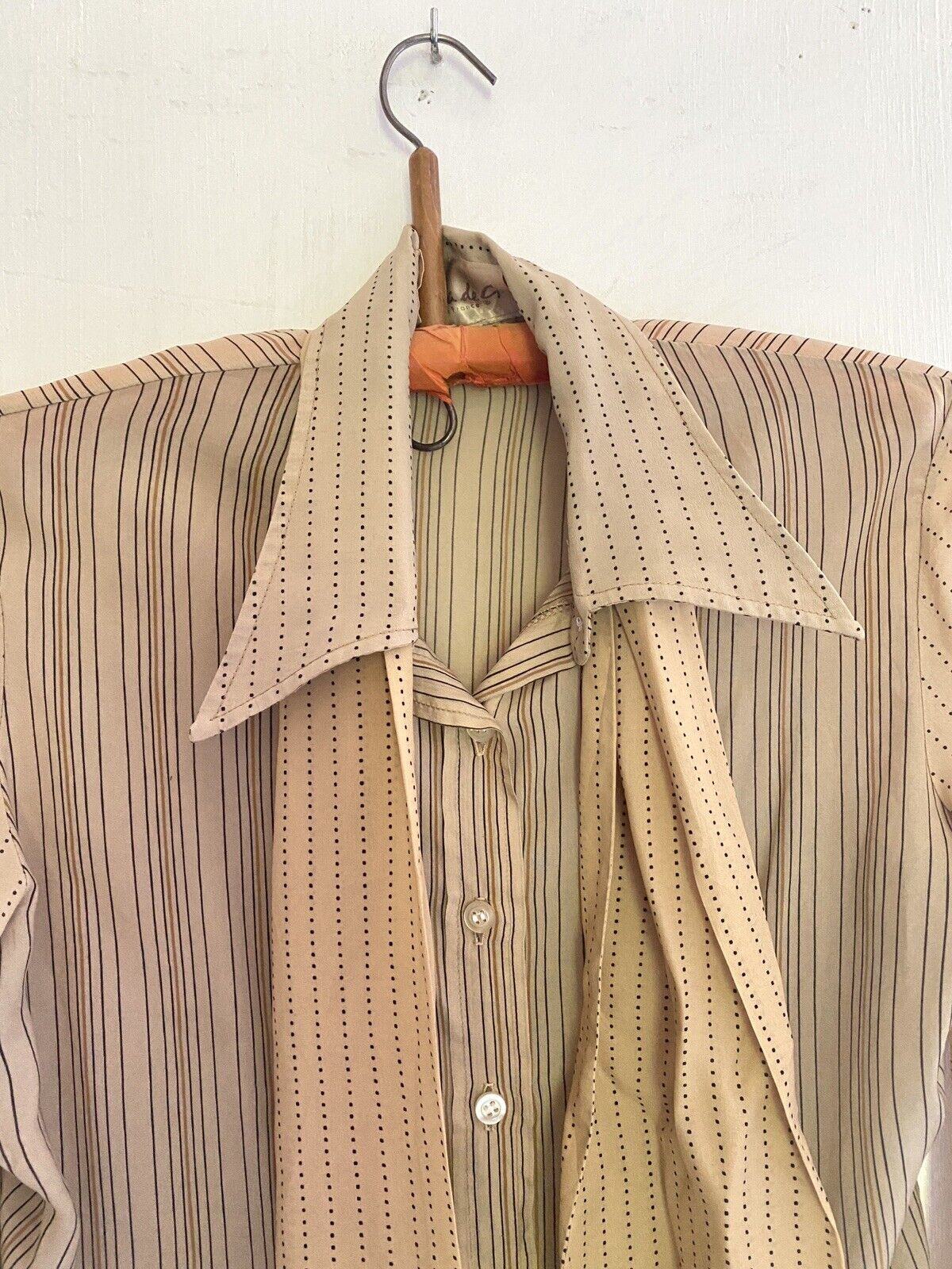 Vintage French woman LAVALLIERE BLOUSE BEIGE acetate STRIPES c1970