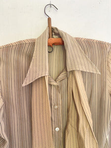 Vintage French woman LAVALLIERE BLOUSE BEIGE acetate STRIPES c1970