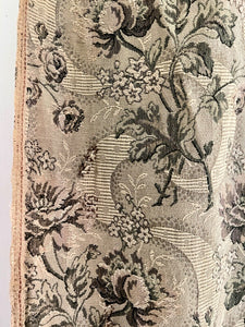 Antique French long woven DAMASK cotton FLORAL GREY green CURTAIN c1910