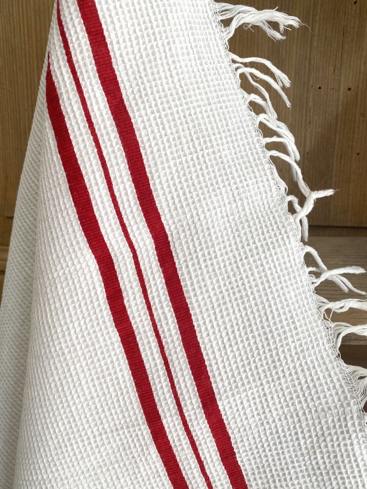 Pair antique French GUEST TOWEL cotton nid d’abeille FRINGES red LITEAU c1900