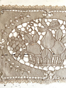 Art Nouveau French NATURAL linen DOILY fruit basket Richelieu EMBROIDERIES c1920