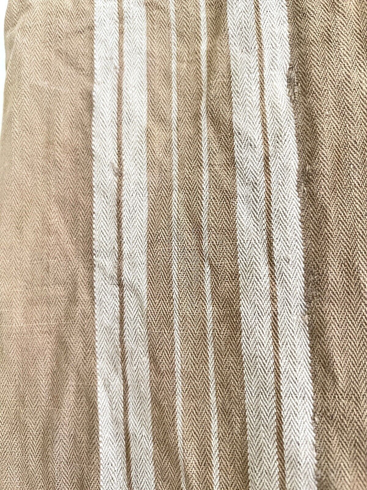 Antique WIDE French TICKING LINEN copper tones UPHOLSTERY c1900