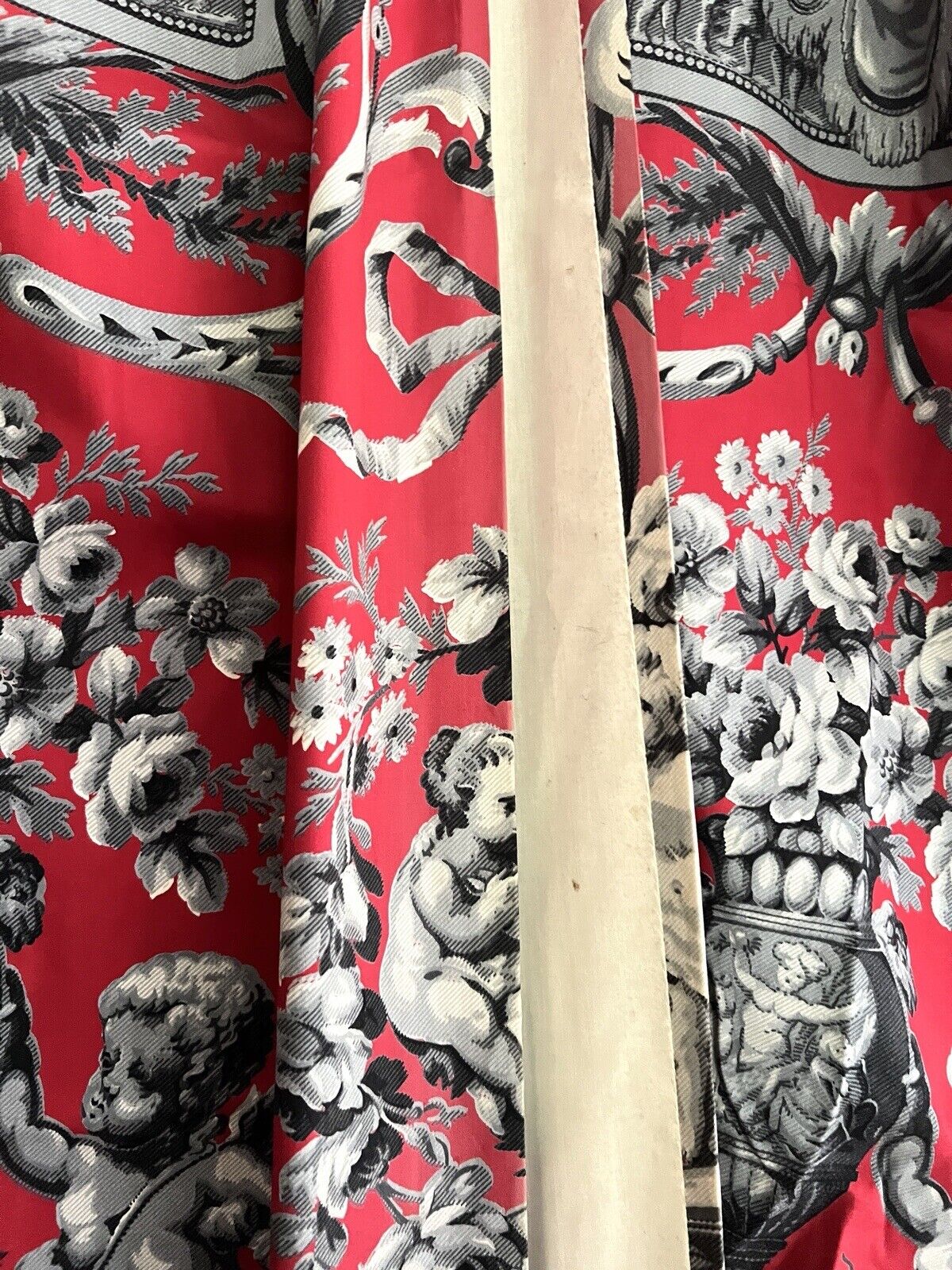 PAIR vintage French classic RED CHERUBS satin cotton CURTAINS BACKED c1950