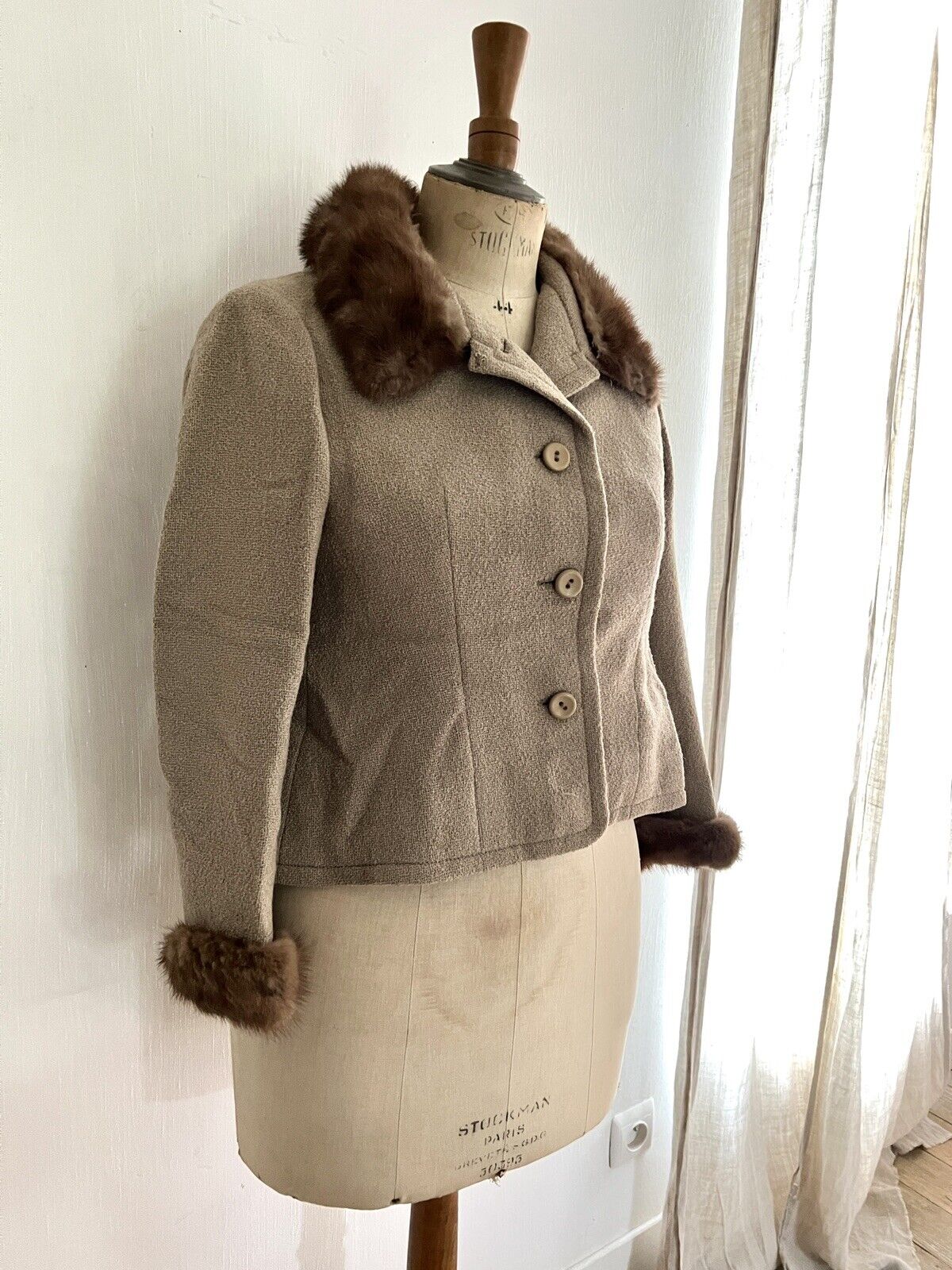 Vintage French woman beige wool spencer JACKET MINK FUR collar c1950