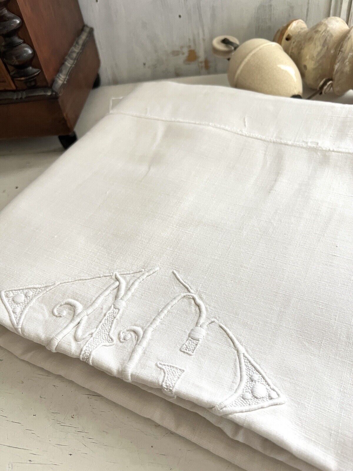 Antique French TROUSSEAU floppy LINEN FIL sheet AG mono PATCHED c1920