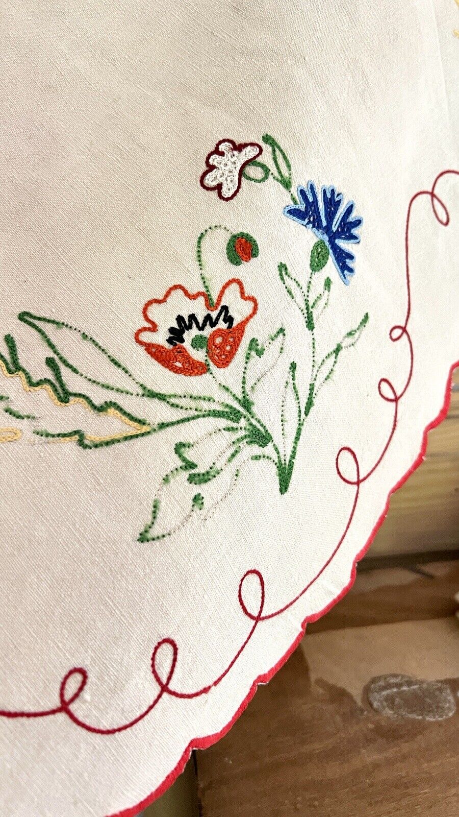 Vintage French MANTELPIECE COVER embroidered CARNATIONS natural LINEN c1950