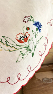 Vintage French MANTELPIECE COVER embroidered CARNATIONS natural LINEN c1950