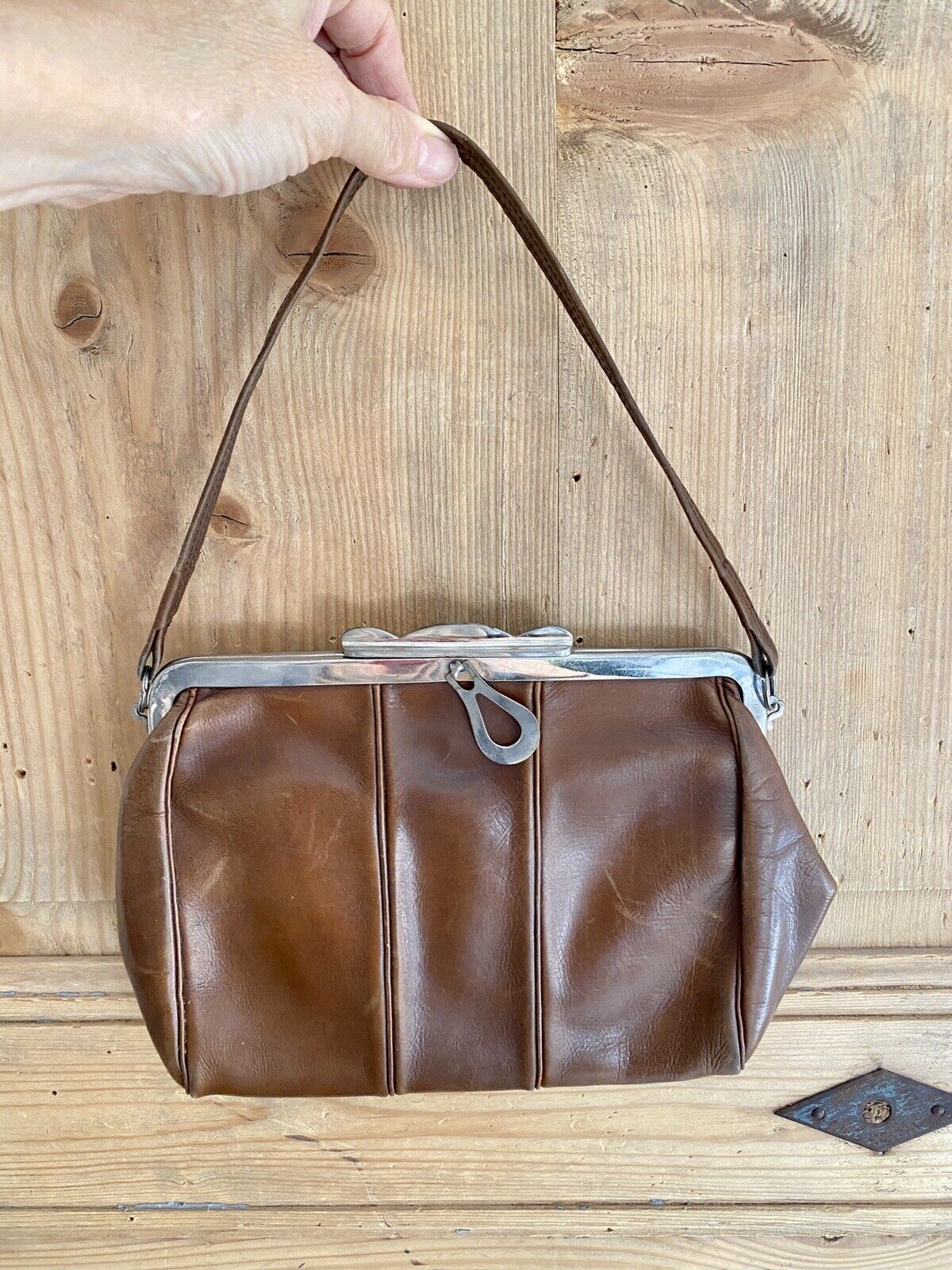 Vintage French brown LEATHER shoulder BAG c1950