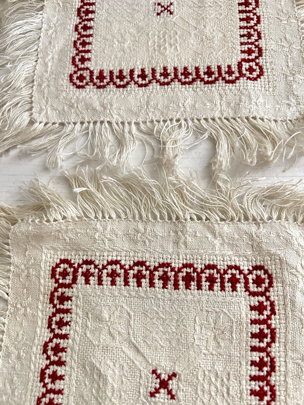 SET 5 French EMBROIDERED damask cotton DOILIES mat RED DECOR fringes c1930