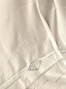 Art Deco French LINEN FIL TROUSSEAU sheet OPENWORKS MI mono c1930