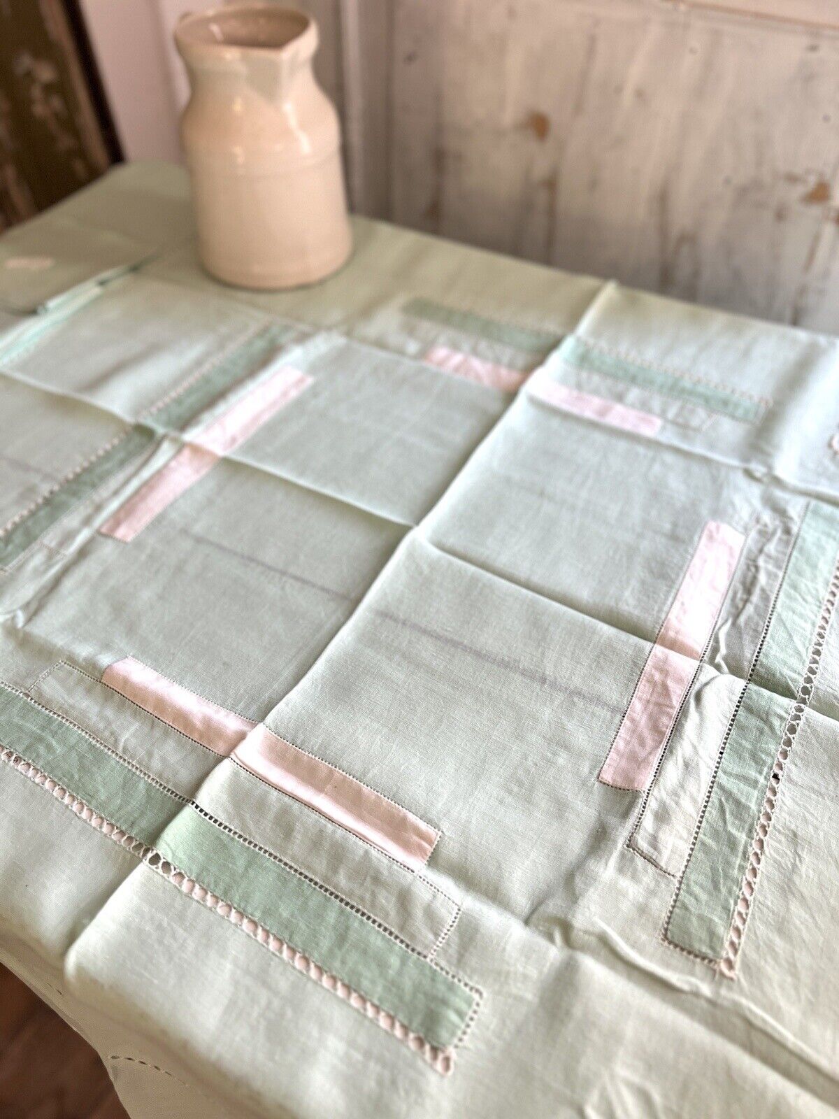 Art Deco SET French FIL OF LINEN TABLECLOTH 11 NAPKINS pale green GP m c1930