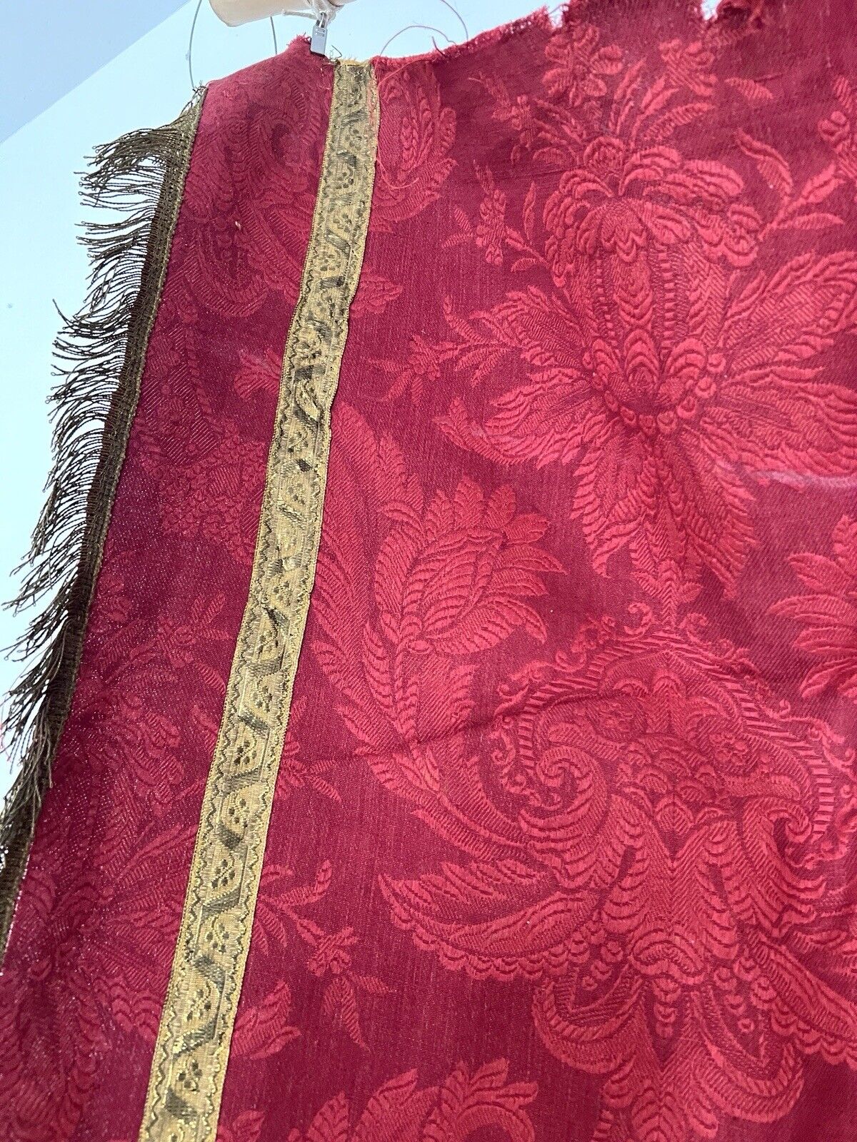 Antique French Empire long PURPLE RED floral DAMASK VALANCE braid FRINGES c1880