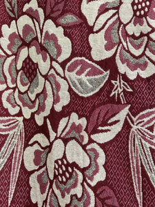 Vintage French FLORAL BURGUNDY BOTEH DAMASK wool BEDSPREAD fringes c1930