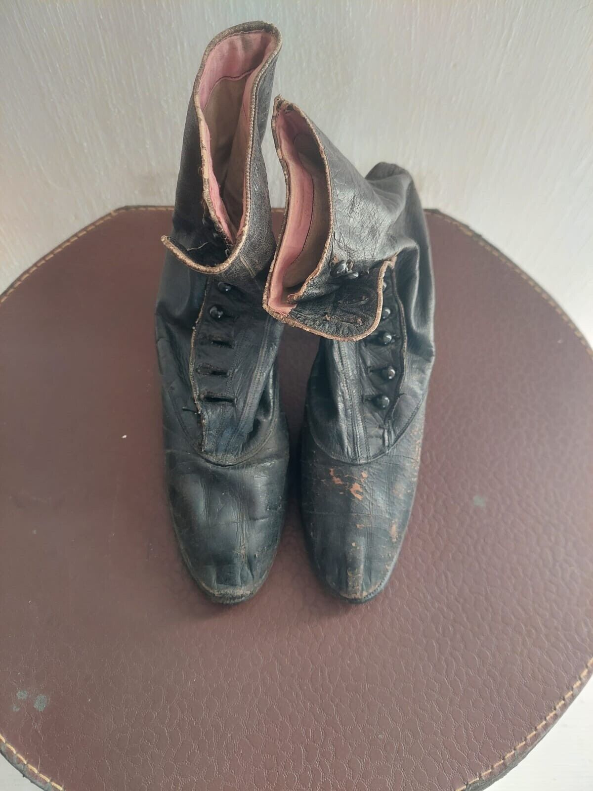 Edwardian French pair woman shoes BLACK LEATHER bobine heel WORN c1850