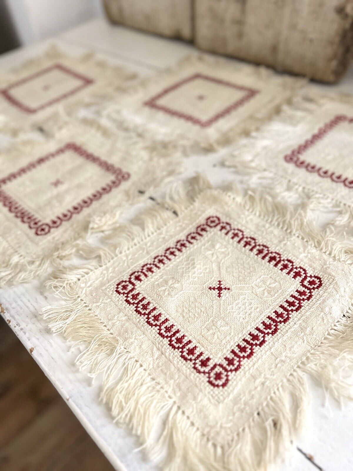 SET 5 French EMBROIDERED damask cotton DOILIES mat RED DECOR fringes c1930