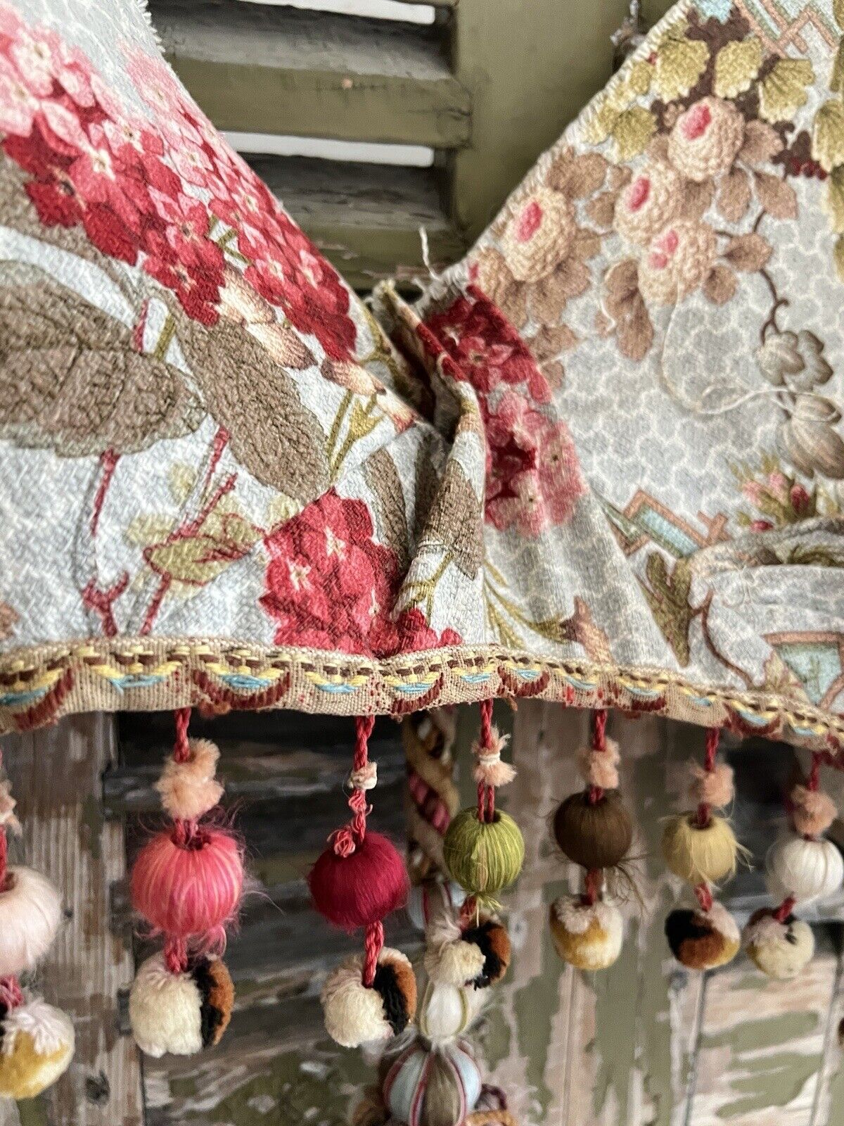 Antique French FLORAL cotton VALANCE mantel CHINOISERIE pompoms c1900