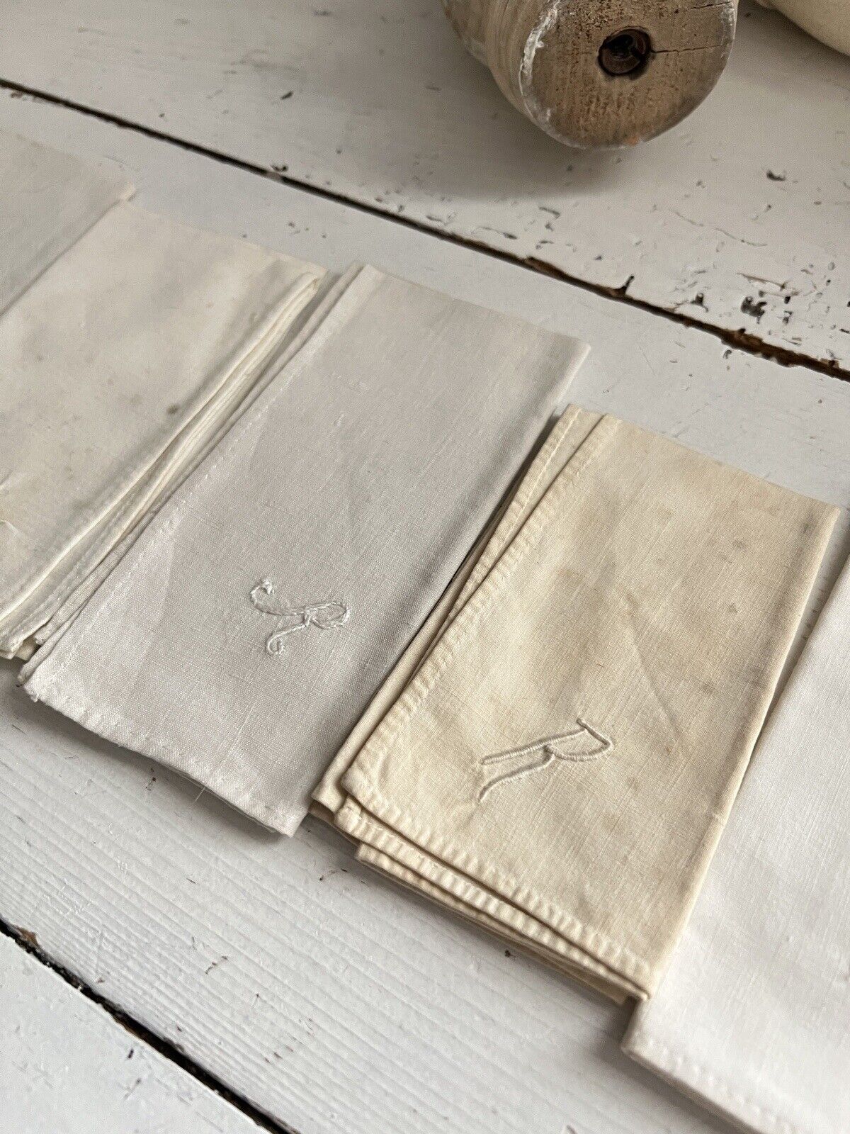 Set of 7 antique French LINEN COTTON blend HANDKERCHIEF R mono c1900