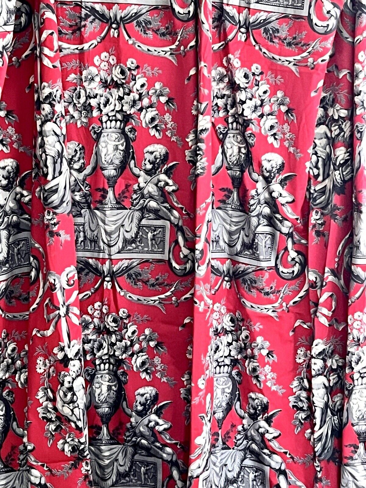 PAIR vintage French classic RED CHERUBS satin cotton CURTAINS BACKED c1950