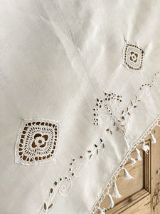 Antique French LONG linen embroidered VALANCE MANTELPIECE eyelet FRINGES c1900