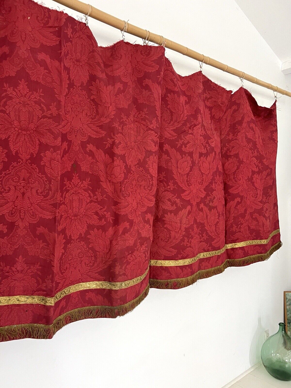 Antique French Empire long PURPLE RED floral DAMASK VALANCE braid FRINGES c1880