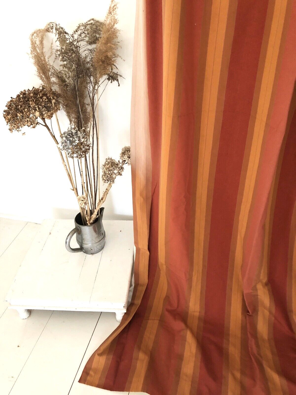 PAIR vintage LONG French BURGUNDY DRAPE cotton curtains STRIPES BACKED c1950