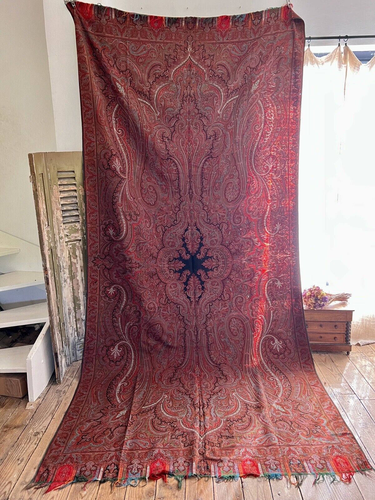 Stunning XXL antique VICTORIAN Kashmir PAISLEY piano WOOL SHAWL tablecloth c1880