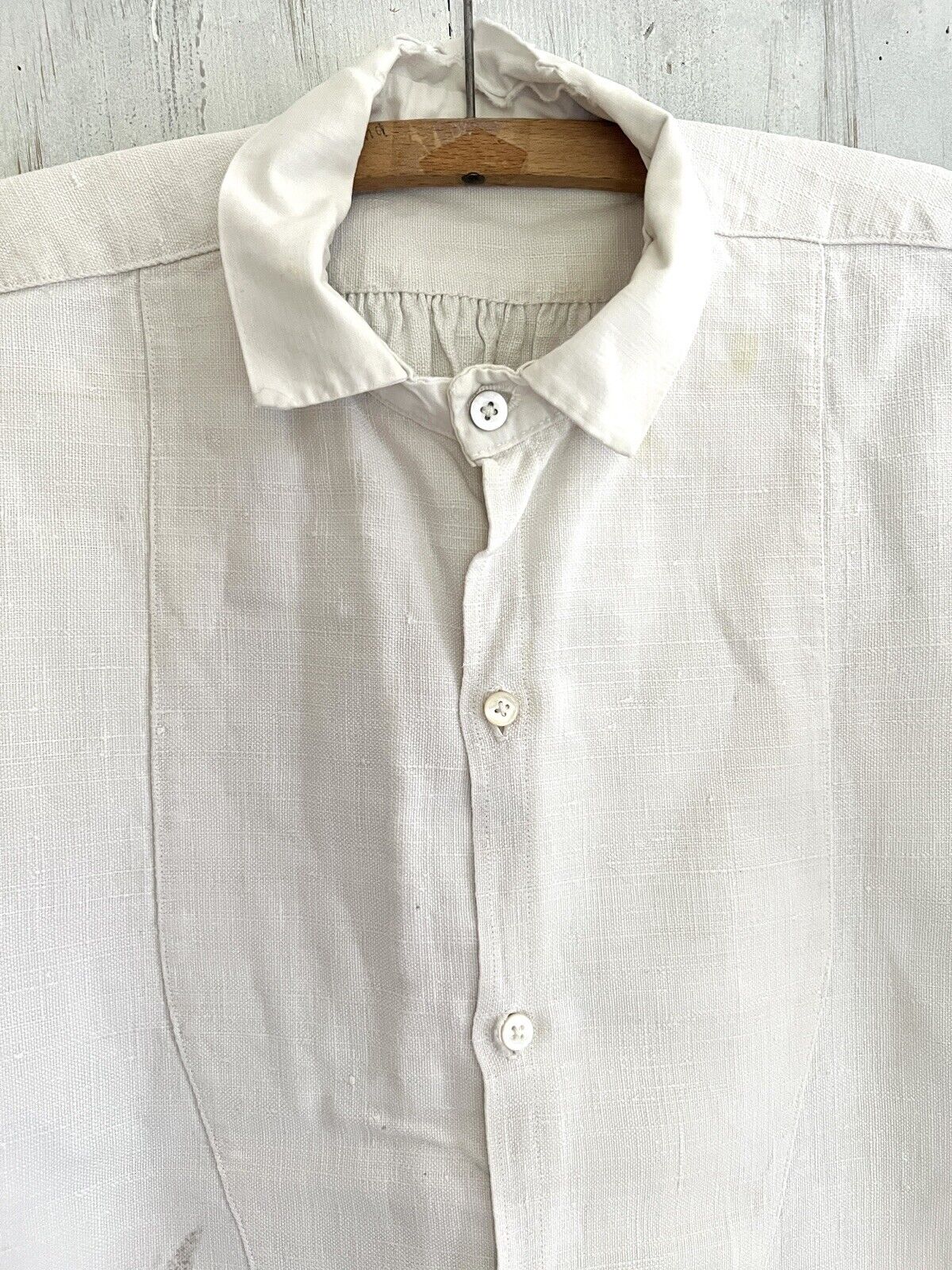 Rare antique French SHORT man front bib WORK WEAR COTTON pintucks SHIRT  c1880