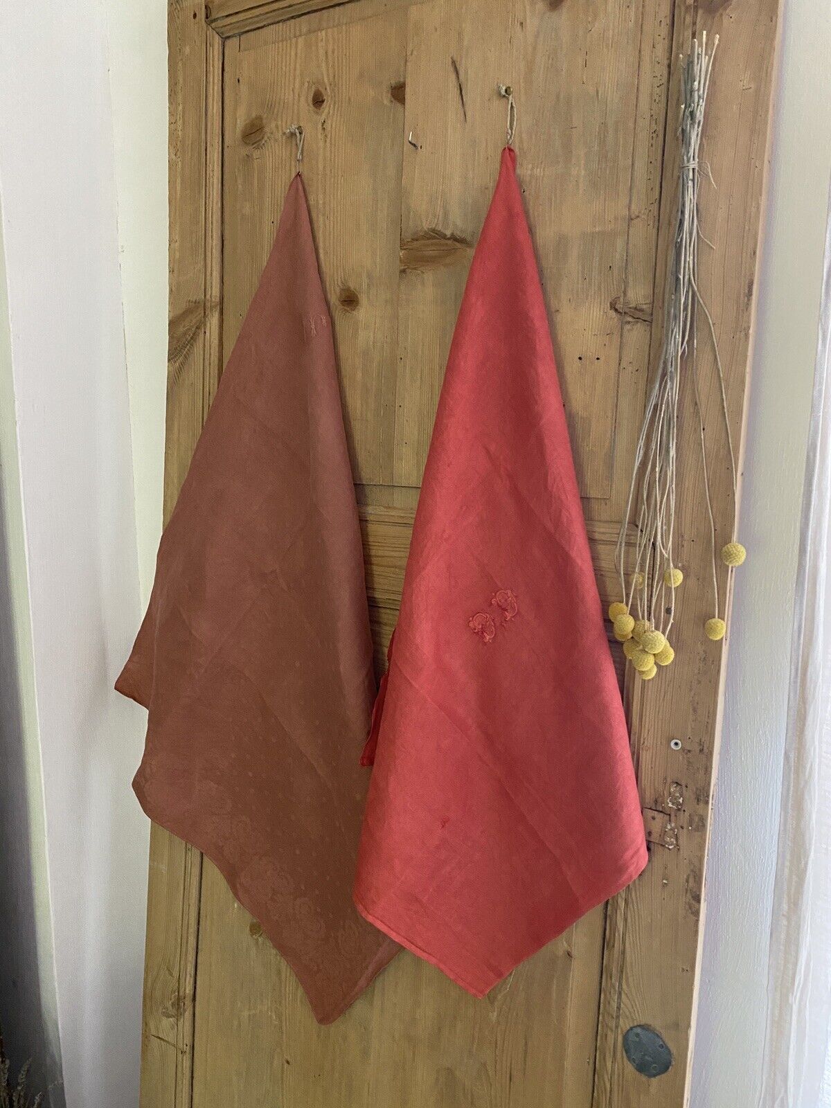 2 antique French RED FRUIT DYED linen TEA TOWELS 1900