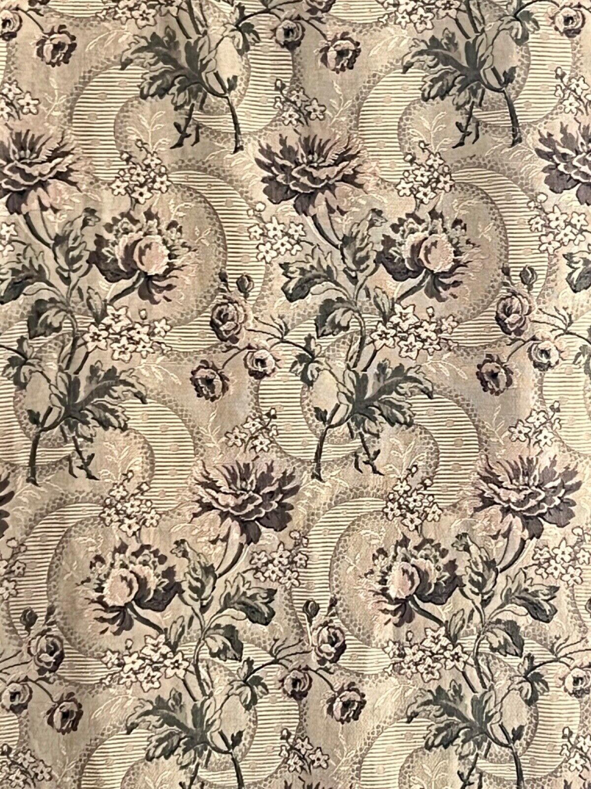 Antique French long woven DAMASK cotton FLORAL GREY green CURTAIN c1910