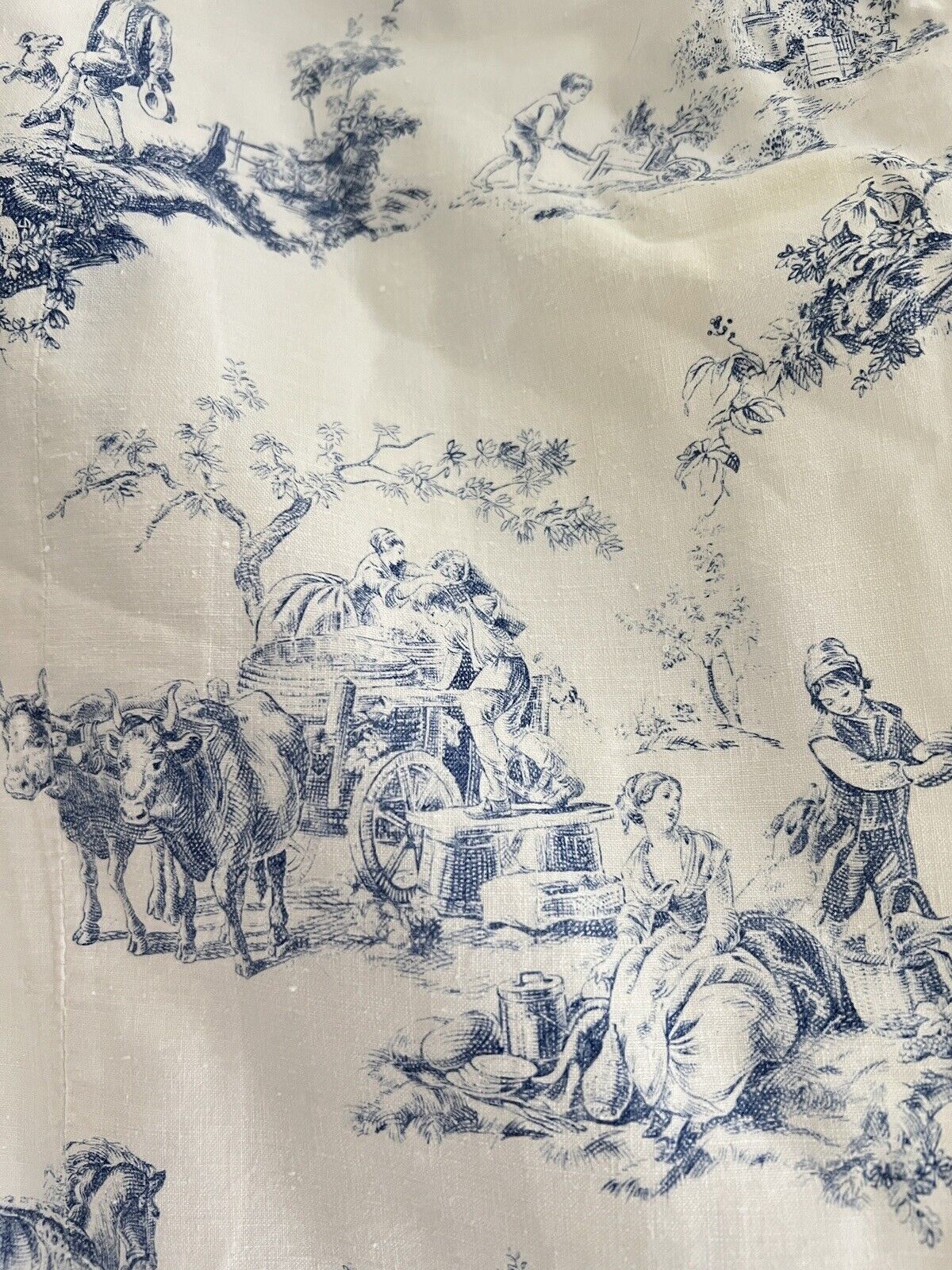 PAIR vintage French blue TOILE DE JOUY cotton PASTORAL CURTAINS BACKED c1950