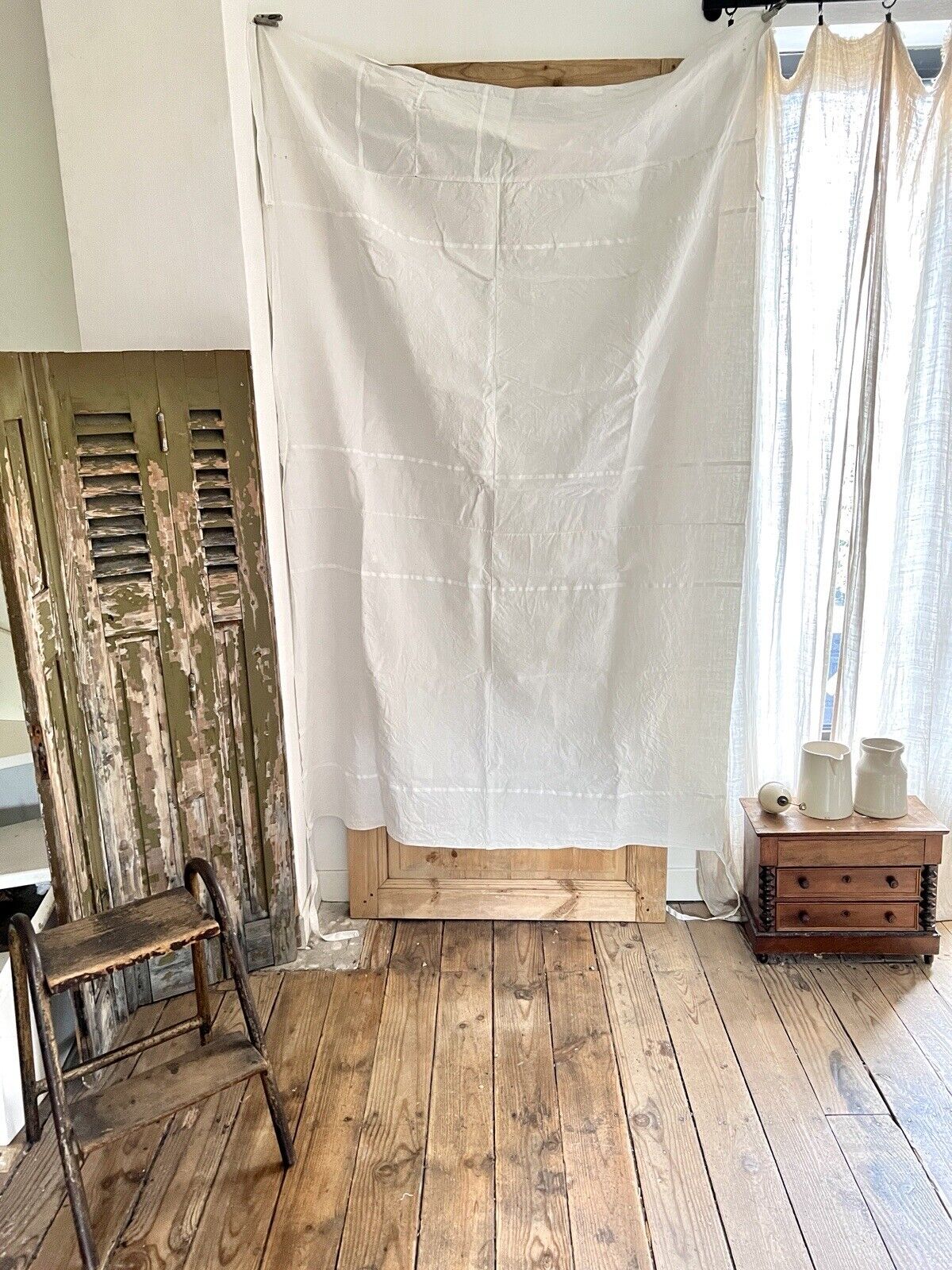 Antique French LINEN FIL PATCHED curtain DT mono c1900